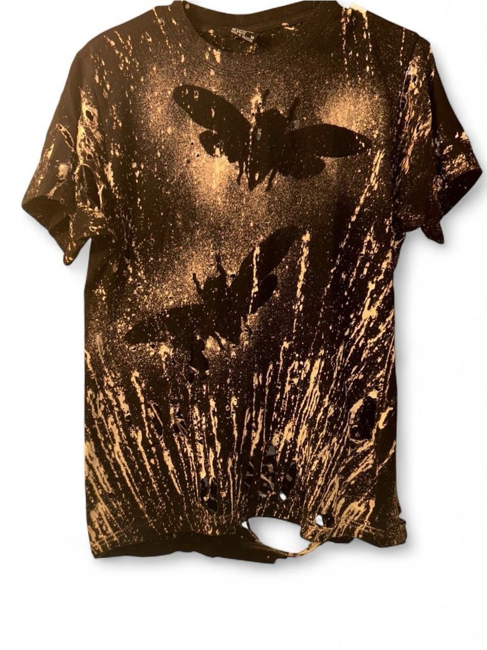 Black & Gold Bleach-Splatter Moth Graphic Tee